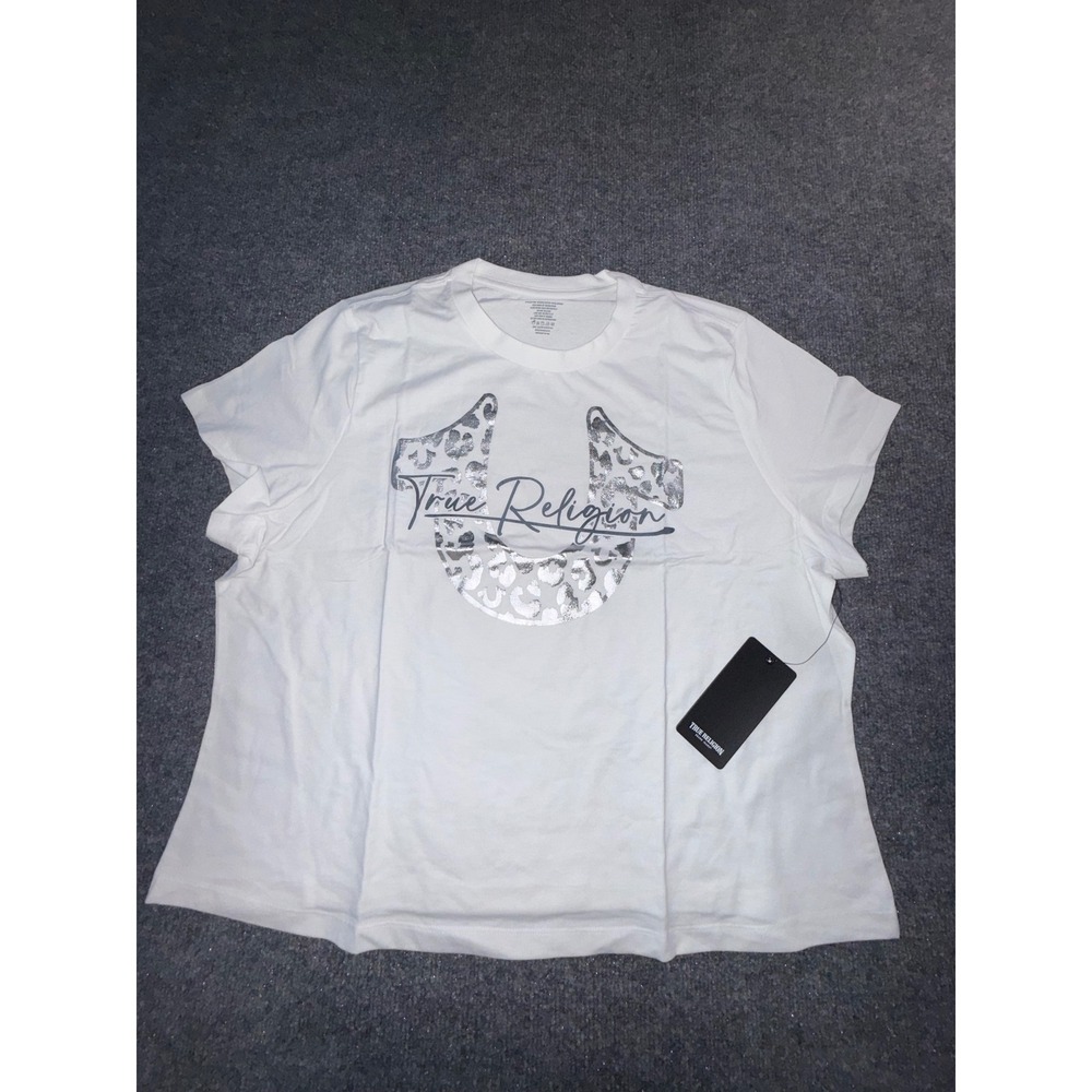 True Religion Womens White Silver Metallic Leopard Horseshoe Graphic Tee 3XL NWT